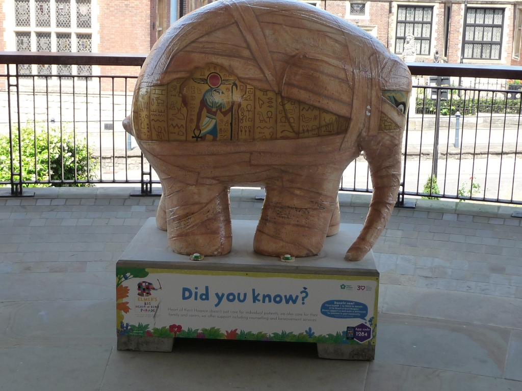 elephant statue in pink bandages like a mummy - gaps show hieroglyphics and eye of elephant.